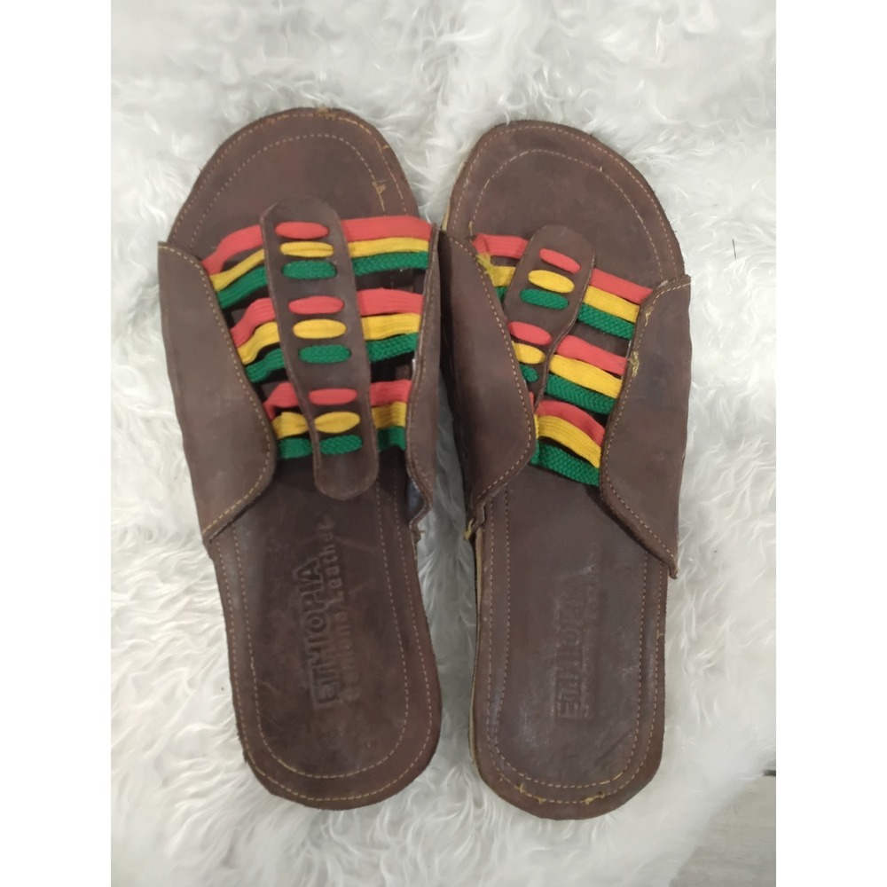 Ethiopia Genuine Leather Rasta Slide Sandals Brown Red Yellow Green Mens Womens